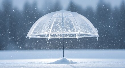 Clear umbrella standing alone in snowy landscape with trees in background during snowfall with winter and weather and storm and nature and cold