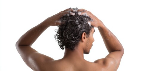 Young african male washing hair with shampoo on white background