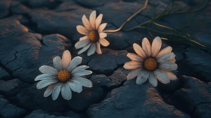 Delicate white daisies scattered on dark rough ground with a hint of dried brown wildflowers