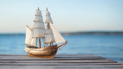 Miniature sailing ship crafted from polished driftwood sits on a wooden pier with a calm blue ocean and sky in the background