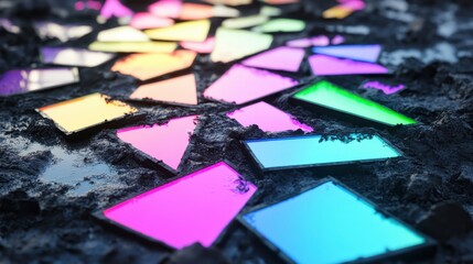 Jagged shards of colored glass embedded in hardened material with vibrant reflections and light effects