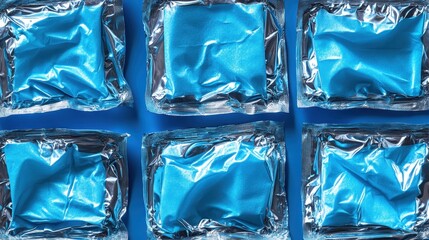 Individual foil packets of blue antiseptic first aid wipes arranged in a pattern on a blue background