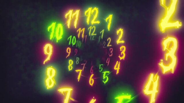 Blurred neon clock numbers glowing in darkness