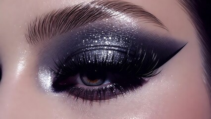 Close-up of a glamorous human eye with shimmering dark eyeshadow, bold winged eyeliner, and thick