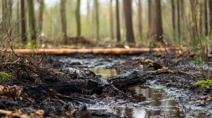 Muddy forest floor with decaying organic matter and waterlogged logs
