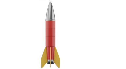 Red and silver rocket with yellow fins isolated on a transparent background