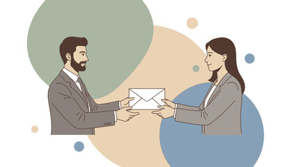 Business partners exchanging an envelope, modern flat illustration, communication concept
