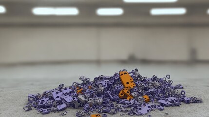 Piles of unsorted machine parts strewn across concrete floor