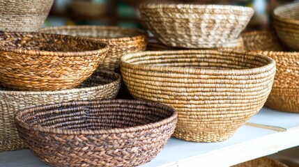 A collection of intricately woven reed baskets in varying sizes and natural earthy tones are neatly arranged