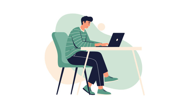 Young man working on laptop at desk, flat design, modern illustration
