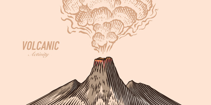 Moody volcano eruption landscape scene. Volcanic activity and explosion, lava coming out of mountain. Natural disaster concept. hand drawn engraving illustration pen and ink line art.