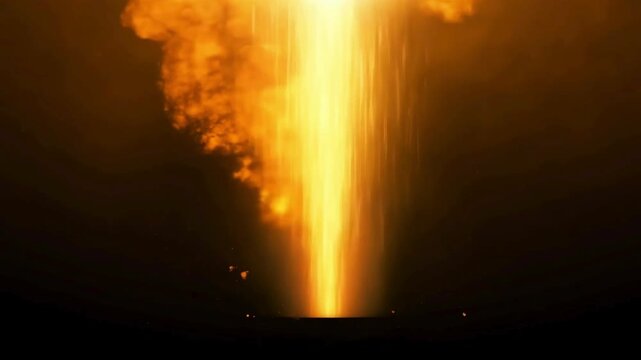 Massive pillar of golden fire or energy striking the ground with smoke and debris, like a teleportation or impact.