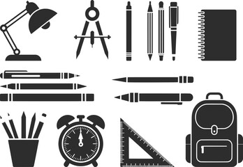School Supplies Icon Set Illustration, Stationery Education Tools Black Vector.