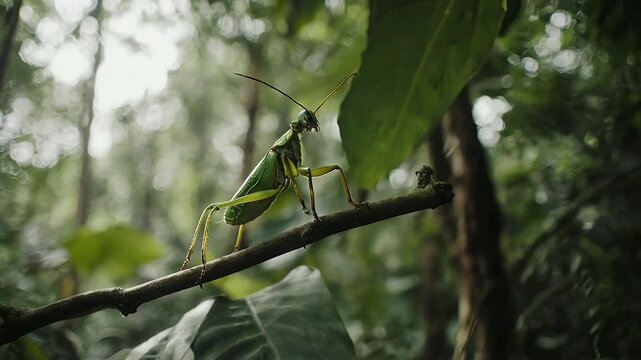 Green Praying Mantis Perched on Branch in Lush Forest, Detailed Close Up View
