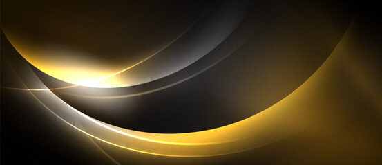 Abstract design features curved lines, gold, silver, black hues. Dynamic composition evokes energy, movement, modern aesthetic.