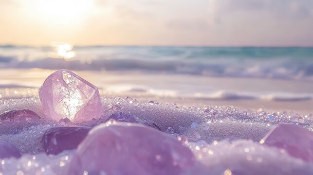 Polished rose quartz crystals scattered across a wet sandy beach with gentle ocean waves and soft sunlight
