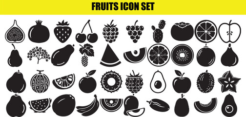 Fruits icon set with many different types of fruits and berries in silhouette on transparent background © Ehan