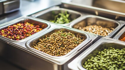 Metal containers filled with various healthy food options displayed at a buffet or catering station