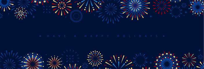 Set of holiday colorful firework explosion isolated on dark blue background. Independence day of America. Vector illustration