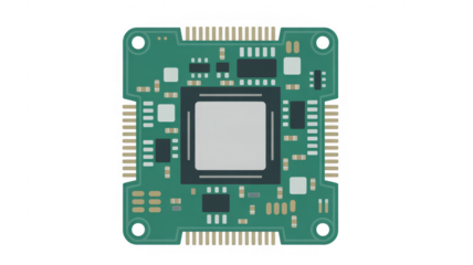 Green computer microchip with gold connectors circuit board isolated on a transparent background