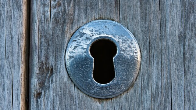 A detailed close up of an antique silver keyhole set into weathered wooden planks on an old door revealing a dark vacant aperture