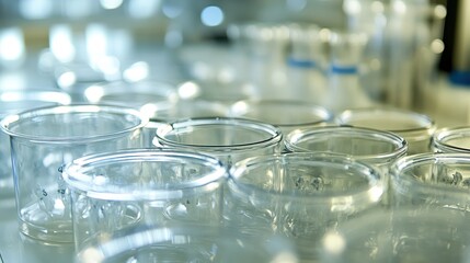 Rows of clean laboratory glassware including beakers and tubes arranged on a scientific research bench