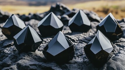 Polished obsidian shards reflecting diffused light arranged on a rough stone surface