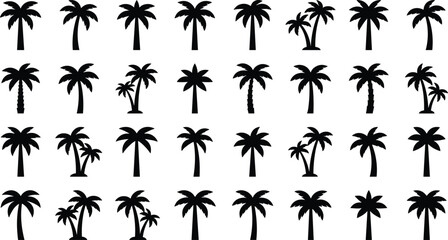 Black palm tree silhouettes icon set featuring tropical coconut palms isolated on white background for summer design projects © Moksedul Creative