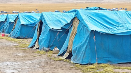Rows of faded blue canvas tents set up as temporary shelters in an outdoor camp