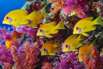 selective focus tropical fish navigating coral reef underwater