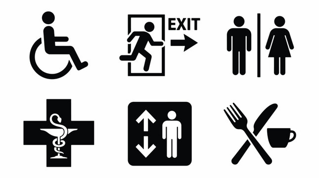 Collection of universal safety and information signs including accessibility, exit, restrooms, medical, elevator, and dining symbols