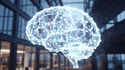 Glowing digital brain network in modern office space with futuristic lighting