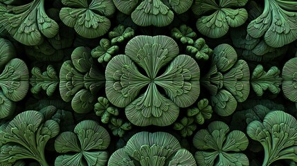 Intricate fractal pattern of repeating leaf like shapes in shades of green