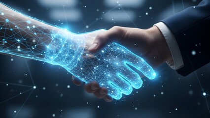 Business partnership handshake with glowing blue network connections