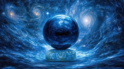 A luminous blue obsidian sphere rests on a carved base against a swirling cosmic galaxy background