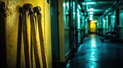 Rows of simple wooden crutches leaning against a yellow wall in a dimly lit corridor with teal and blue lighting