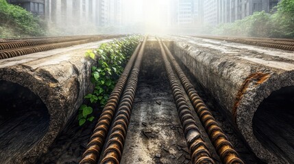 Rusty steel rebar lies in overgrown trenches of an abandoned urban construction site with buildings in the distance