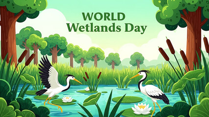 World wetlands day illustration with birds and lush greenery landscape