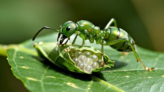 Green Tree Ant Protecting Eggs in Leaf Nest a close-up shot of an ant
