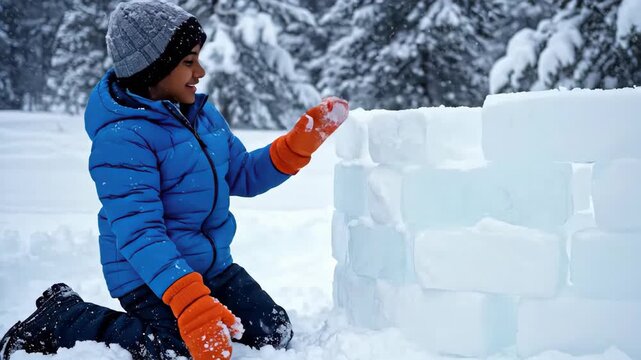 Young boy building a snow fort in a winter forest. Child stacking ice blocks to make an igloo wall outdoors. Winter childhood fun concept