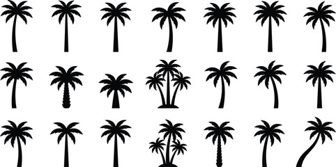 Black palm tree silhouette icons set isolated on white background, tropical summer symbols collection for logos, prints, decor, and graphic design © Moksedul Creative