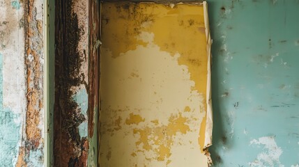 Water damaged drywall panels peeling away revealing textured layers of old paint in a state of disrepair