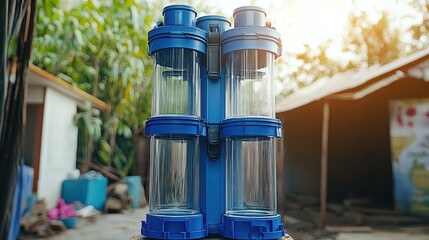 Stack of four blue portable water filter systems with clear transparent chambers for outdoor use