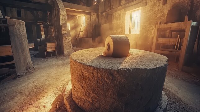 A large rough hewn stone millstone slowly grinding grain in a rustic vintage mill building - Powered by Adobe