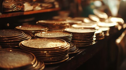 Stacks of intricately etched brass plates with ornate designs displayed on a shelf