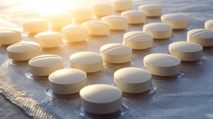 Rows of white water purification tablets laid out on a textured surface with soft sunlight
