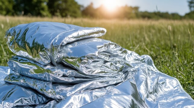 Stack of reflective silver thermal blankets on grassy field with sun flare