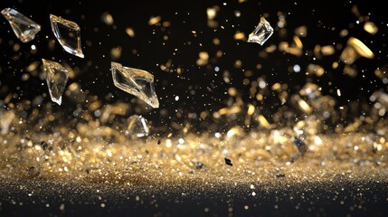 Scattered fragments of shattered glass and gold glitter glinting in the light with a dark background
