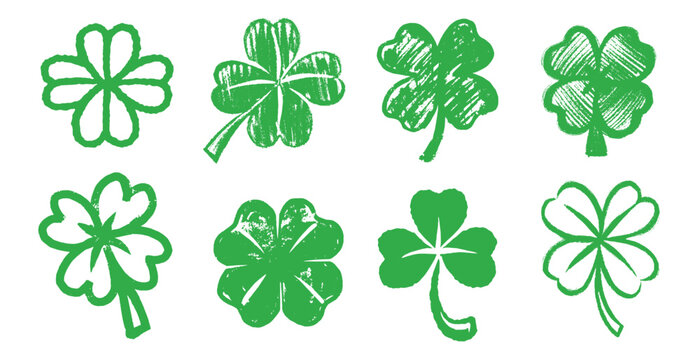 Lucky four and tree leaf clover set in hand drawn grunge style for Irish traditional holiday the Day of St. Patrick for seamless pattern and decoration for a party