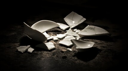 Sharp white porcelain fragments scattered across a dark textured surface in dramatic lighting